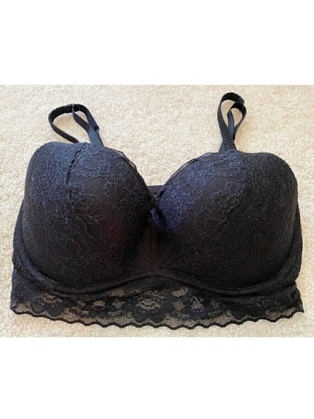 Victorias Secret Black Lace Longline Bra Sz M D DD Padded Underwire Plunge Sexy